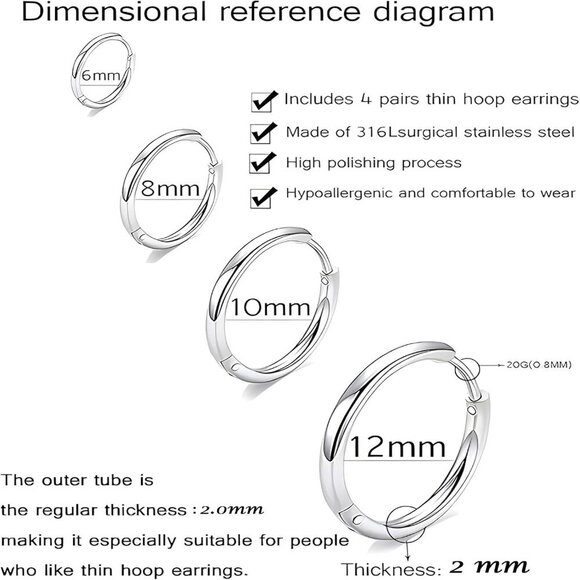 Brand New 316L Surgical Stainless Steel Hoop Earrings (Silver, Multiple Sizes) - Picture 2 of 8